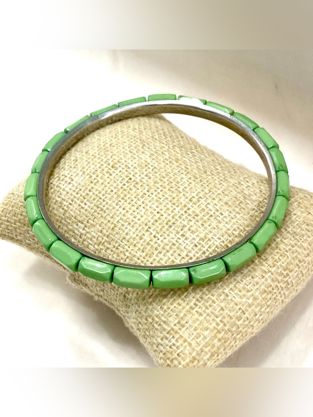 Vintage Sage Green Inlay Channel Stacking Bangle Bracelet Silver Tone Slip On